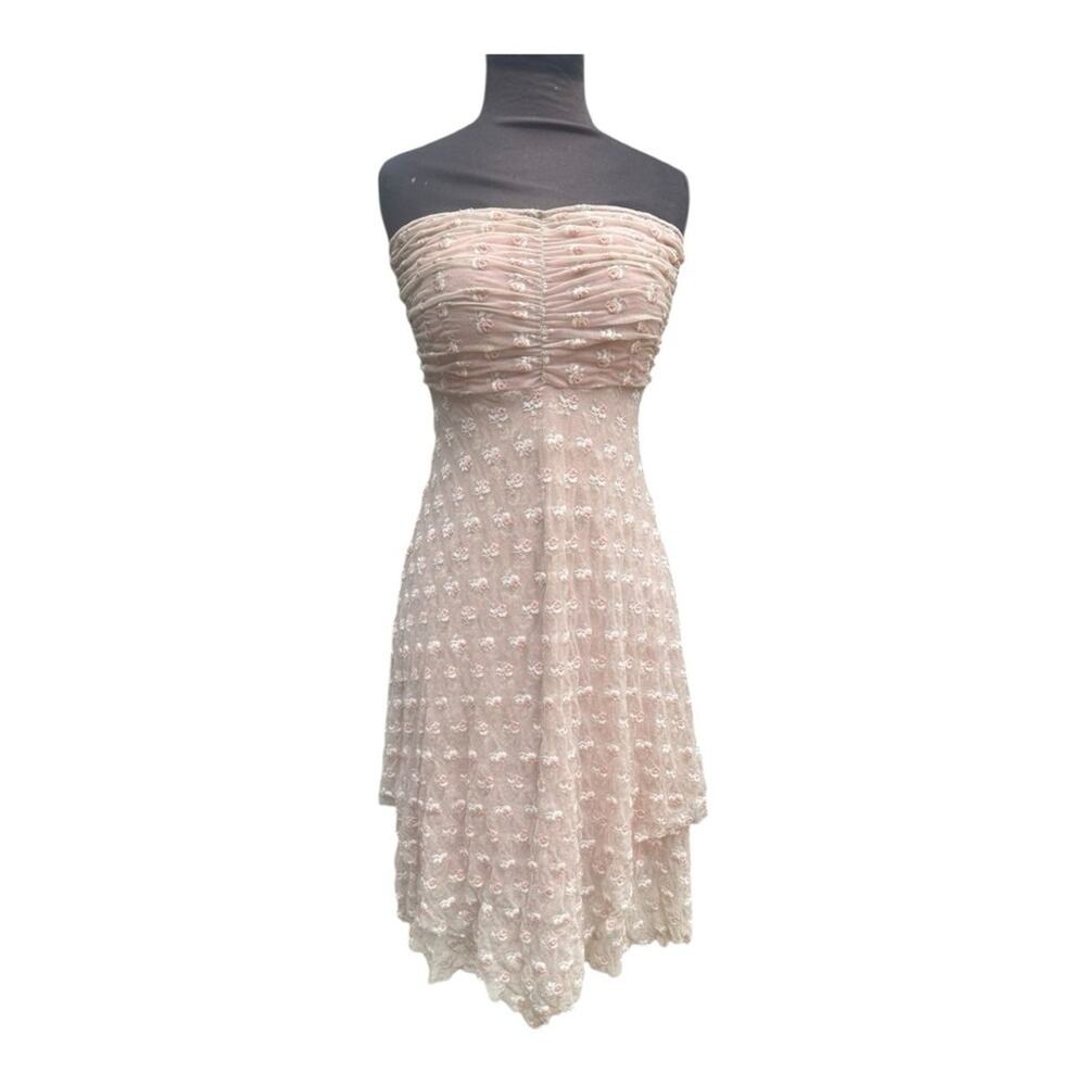 Y2K Free People Boho Fairy Strapless Ruched Floral Mesh Dress Size M Romantic - Picture 2 of 8